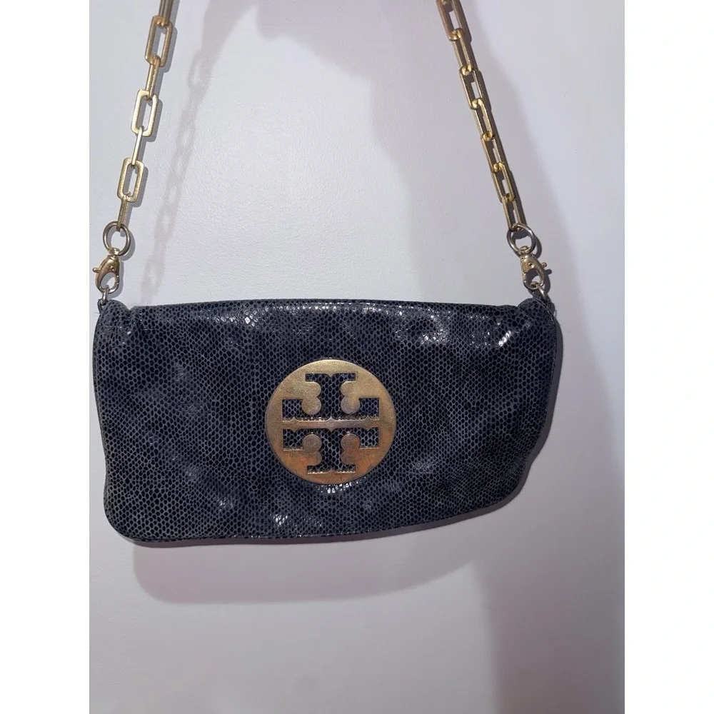 Tory Burch Reva Clutch Blue Leather‎ Snakeskin Print Chain Handbag Bag L
